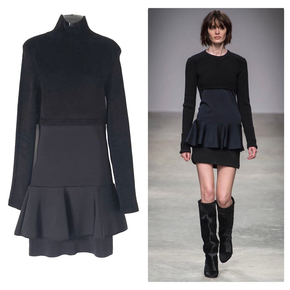 Issa London Black Heavy Ribbed Knit Long Sleeve Mini Dress Peplum Hem Medium